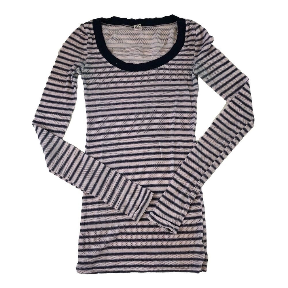 Free People Junior’s Long Sleeve Striped Pink & Blue Mesh T-Shirt Size Small